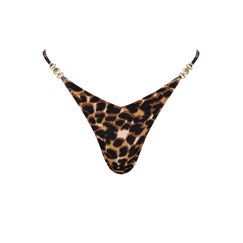 Close-up of the Lia Leopard Luxe Brazilian bikini, showcasing the lustrous shine and detailing.