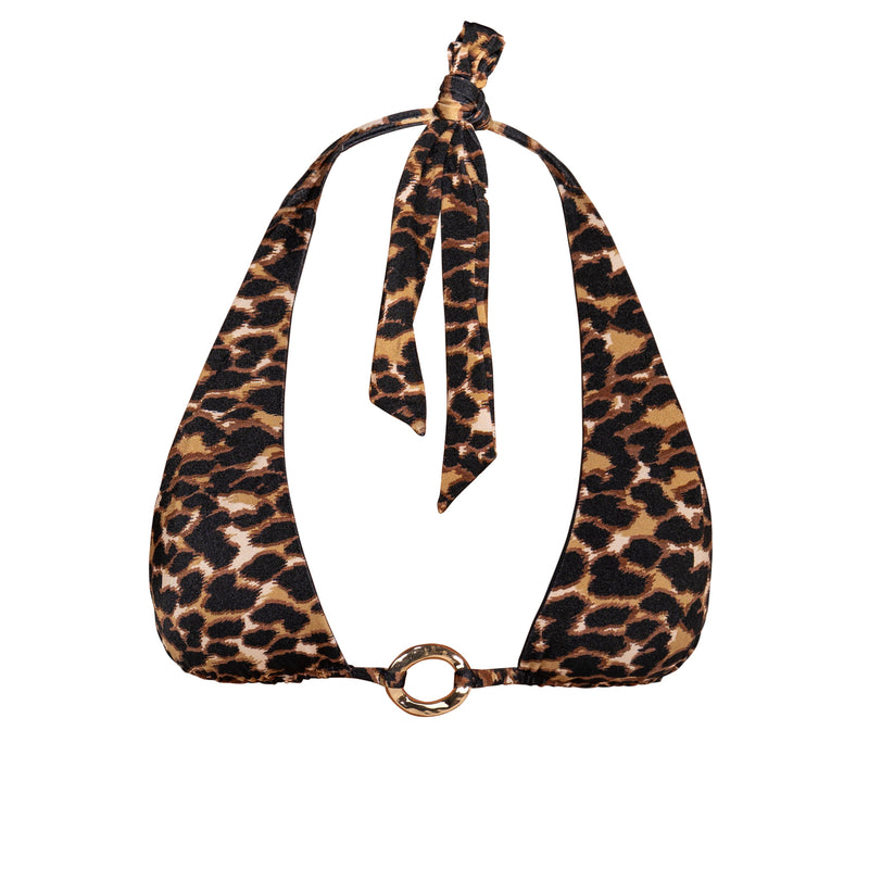 Detailed shot of Ryan Leopard Luxe halter neck bikini top with seamless finish